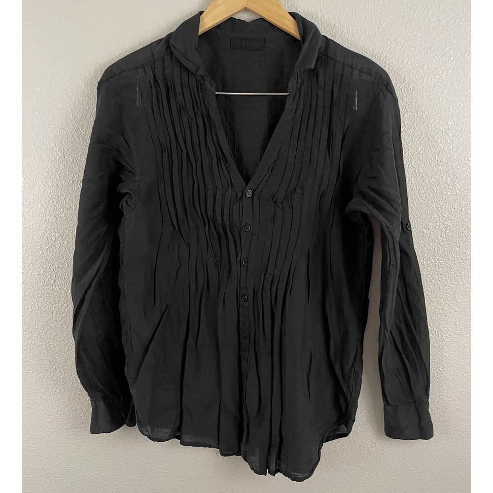 CP Shades Womens XS Black Cotton Silk Blend Button Up Pleated Tab Sleeve Blouse